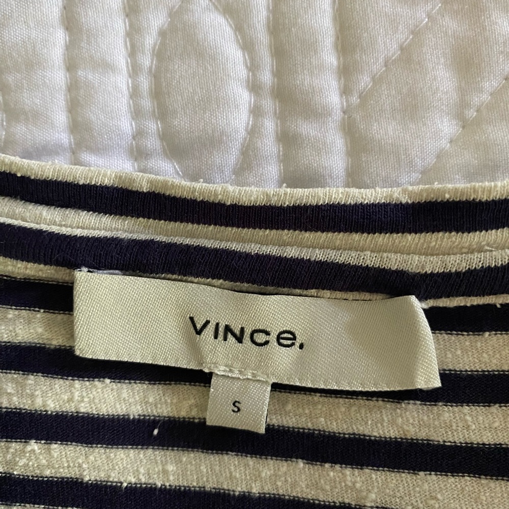 Vince navy and cream striped silk and viscose long sleeve tee shirt. - Picture 4 of 6